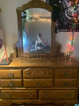 Vintage Oak Triple Stack Dresser with matching Mirror
