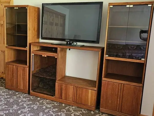 2 Solid Oak Bookcases w/Glass door light shelves + Entertainment Ctr