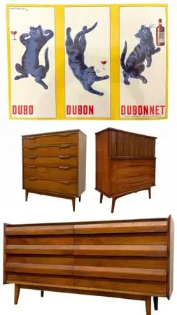Vintage Mid Century Modern Credenza Dresser Sofa Table Rug Desk Art Painting (Bi