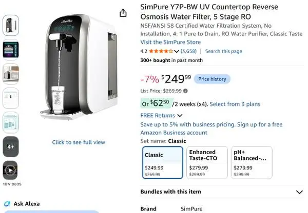 SimPure Y7P-BW Countertop Reverse Osmosis UV Water Filter System
