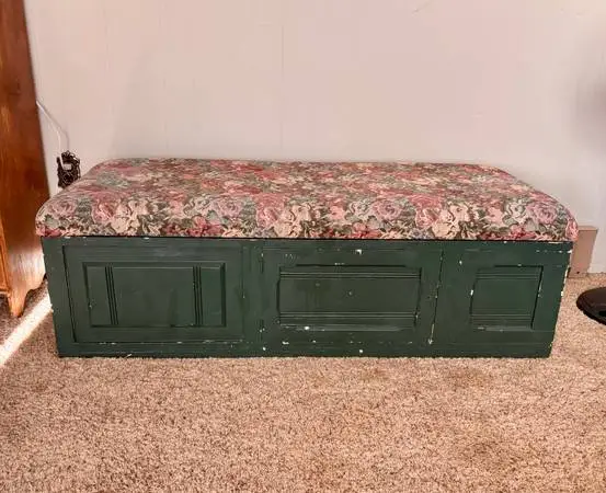 Vintage Solid Wood Upholstered Storage Bench / Blanket Chest — $40