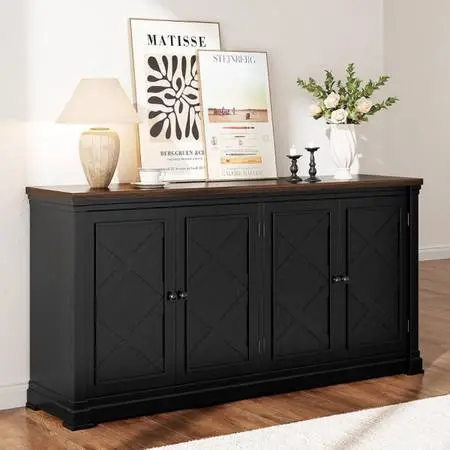 63 Inch Buffet Cabinet with Storage, 4 Barn Doors, Black Large Sideboard Cabinet