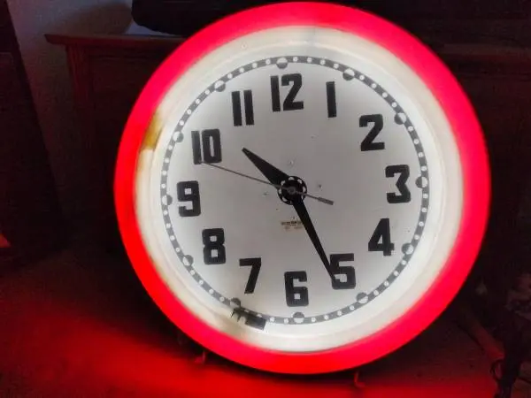 LARGE ANTIQUE Electric Neon Company Clock 25 3/4 across 8 inches deep