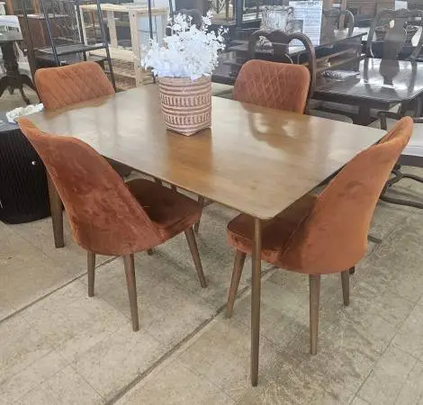 Mid-Century Dining Table with 4 Rust Upholstered Chairs - FREE DELIVER