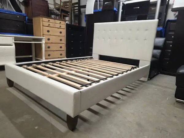 Modern White Leather Full Size Platform Bed Frame