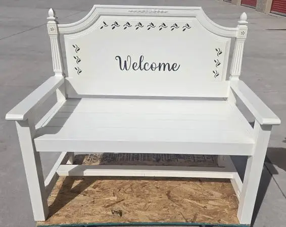 Cute White Painted Bench w/Black Welcome Stenciling