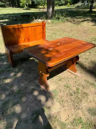 Pine trestle dining table with bench seats