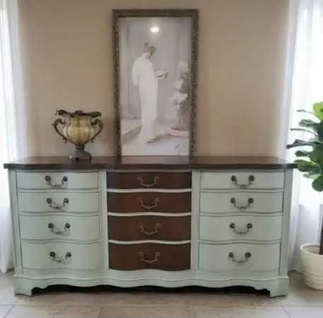 Extra Long Light Green Dresser w/ Dark Stained Top Curvy Front