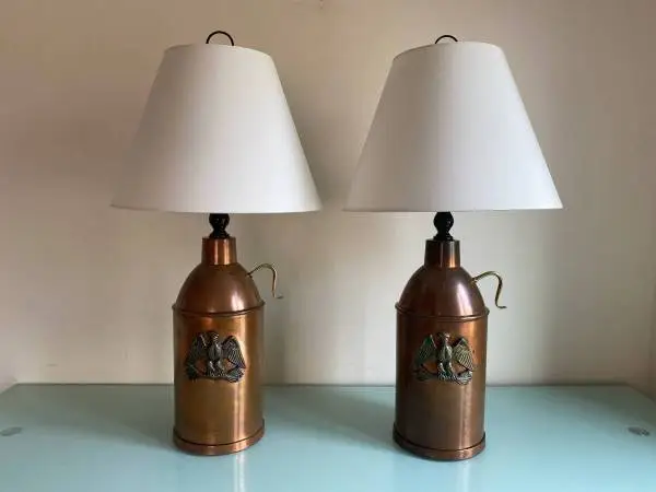 Two Antique Copper & Brass Eagle Lamps from the Early 20th Century