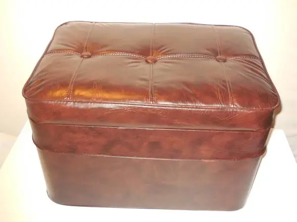 VINTAGE DARK BROWN, FAUX LEATHER, STORAGE OTTOMAN ~ HINGED LID