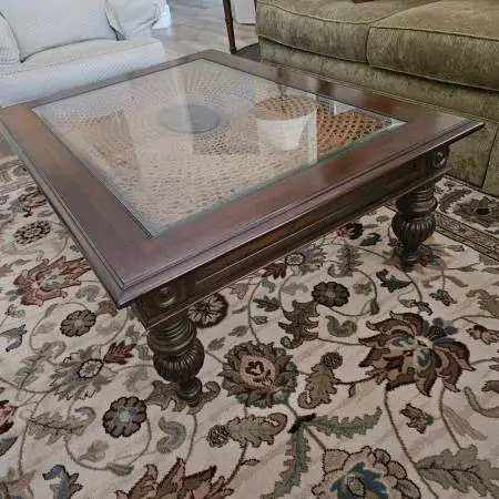 Ethan Allen British Classics Cane & Glass Coffee Table