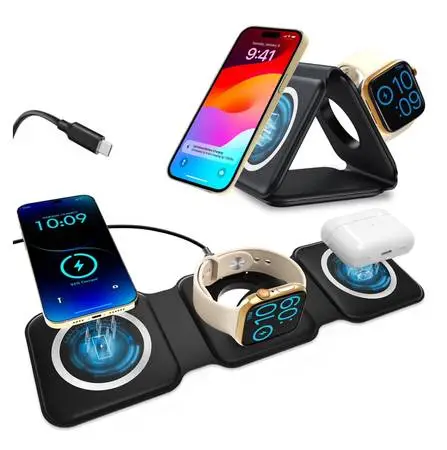 3-in-1 Magnetic Wireless Charger Stand | Fast 15W Foldable Charging St