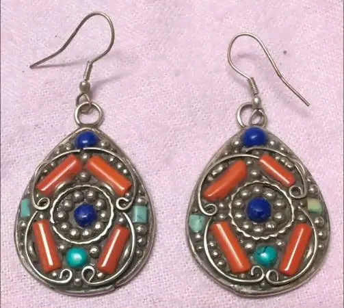 Vintage Tibetan hand crafted silver with gemstones dangle earrings