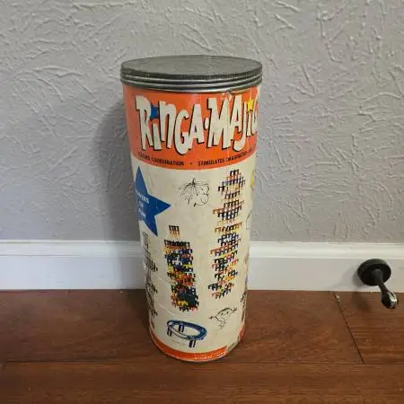 Vtg 1960s Stacking Rings Toy Original Canister w 63 Pc Ringa-Majigs G