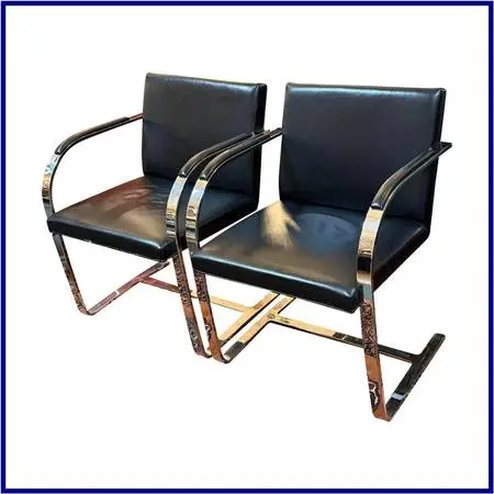 Brueton Cantilever Leather + Chrome Chairs, Pair
