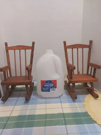 Cute wood rocking chairs (2) for small dolls/stuffies. Approx 11 tall