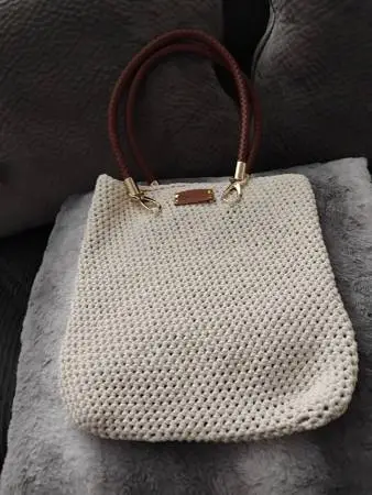 #3 WHITE WITH BROWN HANDLES, HOMEMADE PURSE