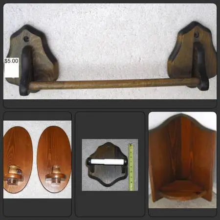 Corner shelf, candle holders, TP holder, towel rod - Pine