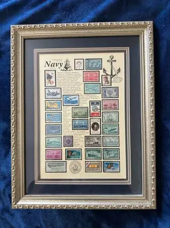 Vintage, Framed U.S. Navy Stamp Collection / Military / Under Glass