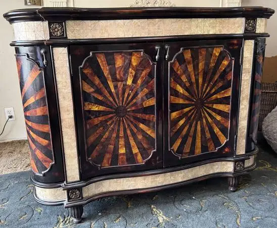 48 Sunburst Marquetry & Shell Inlay Credenza Cabinet