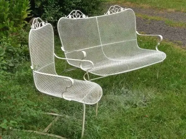 Russell Woodard Sculptura Bench and Chair mid century mod wrought iron