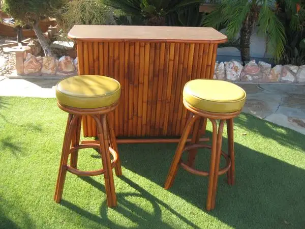 Vintage Rattan Tiki Bar-w/Two Matching Rattan Bar Stools