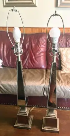 Set of 2 Vintage Mirrored Obelisk Lamps