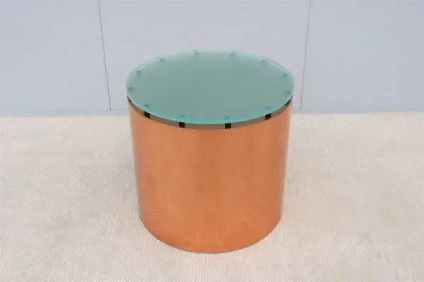 Mid-Century Modern Paul Mayen Style Glass and Copper Drum Side Table