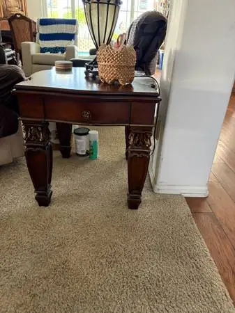 6 piece Mediterranean style plus 6 chairs. Antique cupboard is separate for $295