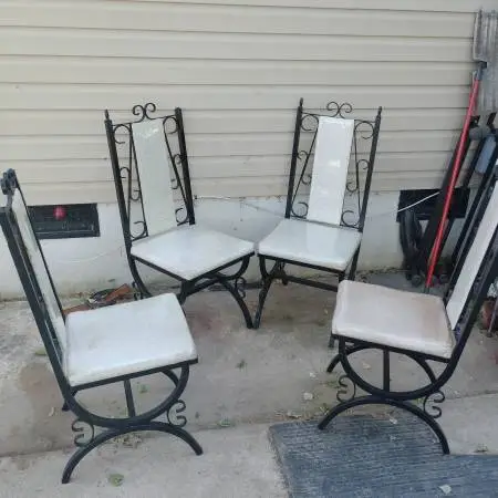 Chairs, heavy metal frame, plastic covers, needs resto, $35