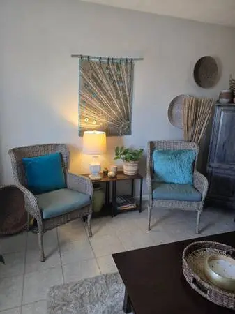 Two Hampton Bay Wicker Chairs with Pillows