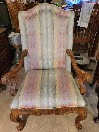 VERY NICE Maple Upholstered & Carved Queen Anne Side Arm Desk Chair