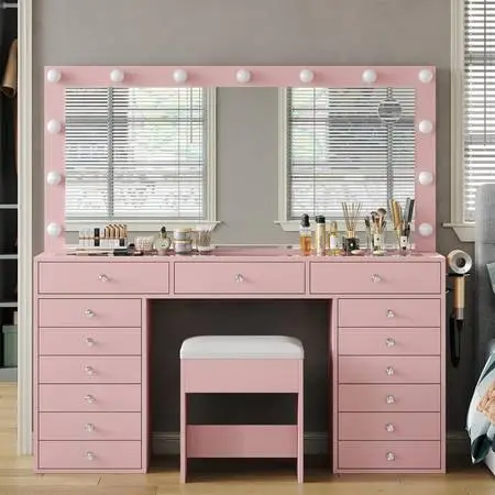 55 W Vanity Desk with Mirror and Lights, 15 Drawers Makeup Vanity wit