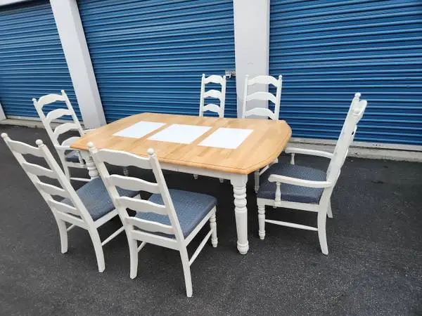 farmhouse butcher block dining table 6 ladderback chairs Ashley