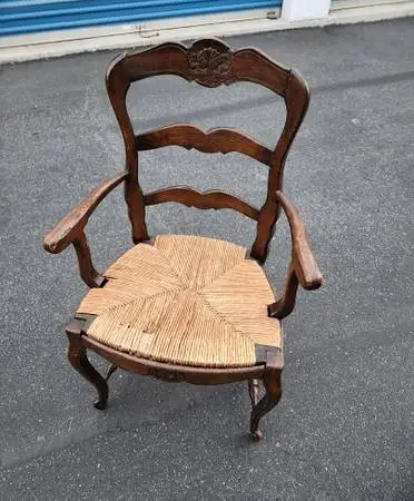 Antique French Provincial Louis XV Tiger Oak Armchair Rush Chair