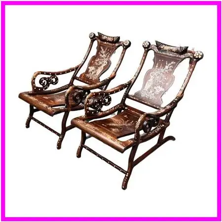 Vintage Chinoiserie Mother-of-pearl Moon Gazing Recliner Chairs, Pair