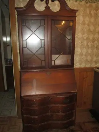 DESK / CABINET=fold down desk / draws / glass doors