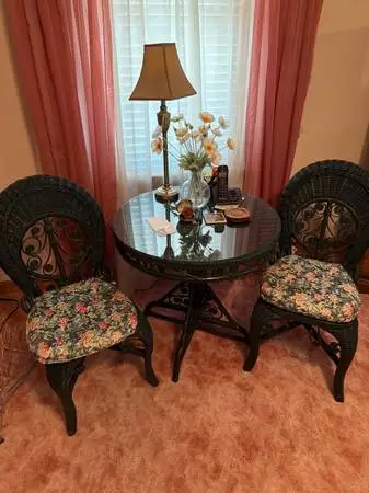 Wicker Chairs and Matching Glass Topped Table