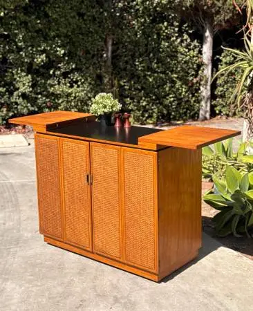 Mid Century Modern Vintage Rolling Flip-Top Bar Cabinet w/ Cane Doors