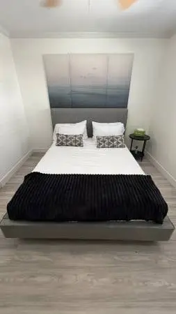Modern Gray Upholstered Queen Bed Frame + Very Comfortable Mattress –