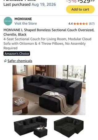 Brand New MONVANE L Shaped Boneless Sectional Couch Oversized, Chenill