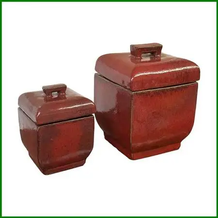 Glazed Ceramic Lidded Canisters, Set Of Two