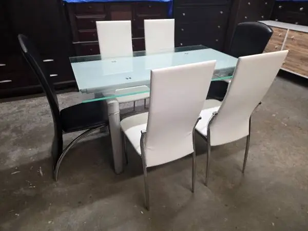 White / Black Leather 6 Chair Dining Room Table Set