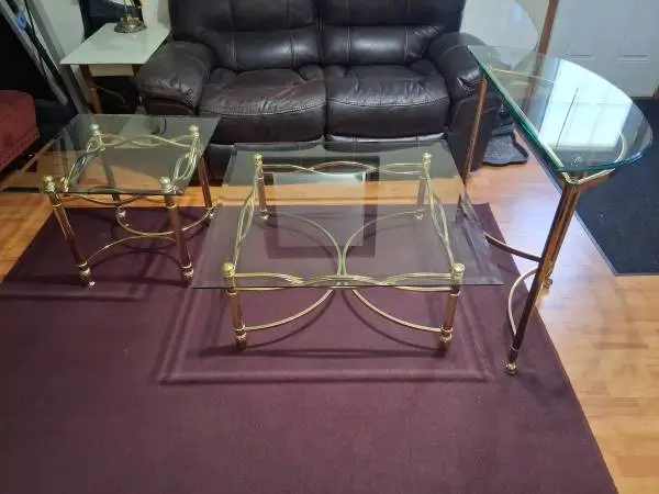 3 Vintage Hollywood Regency Style Brass Coffee Table Set