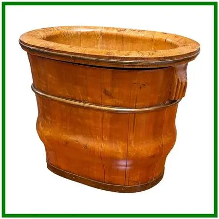 Chinese Staved Wood + Brass-banded Baby Bathing Vessel