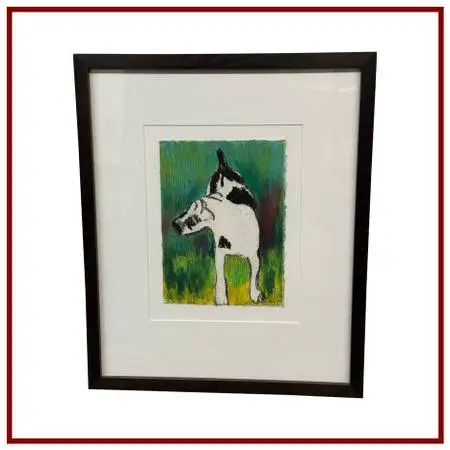 Mixed Media Black & White Dog Artwork, Framed