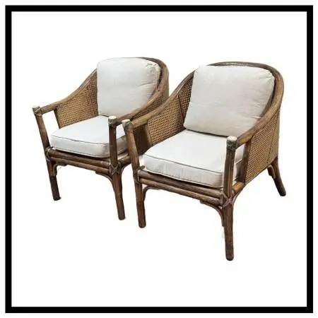 Mcguire Furniture Vintage Barrel Rattan & Cane Lounge Armchairs, Pair
