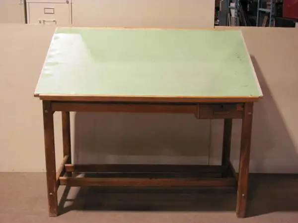 Vintage Hamilton-Economy drafting table desk, oak base, two drawers