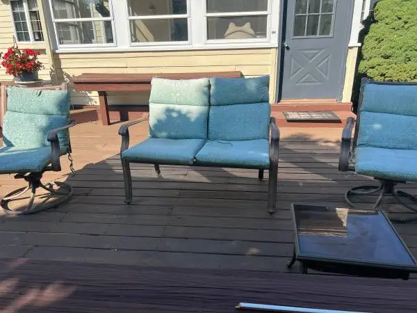 9 piece patio set. Table, 4 chairs, loveseat, 2 swivel rockers, side table OBO