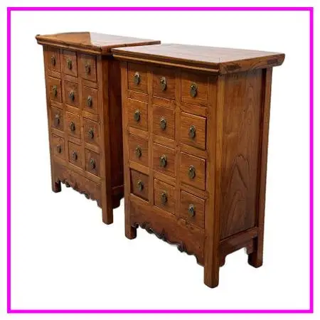 Chinese Vintage Wood Apothecary Nightstands, Pair